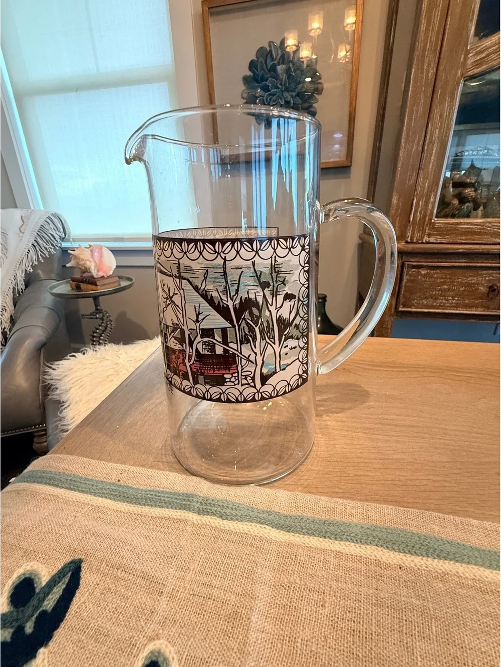 Vintage Glass Pitcher with Scenic 'Friendly Village' Design